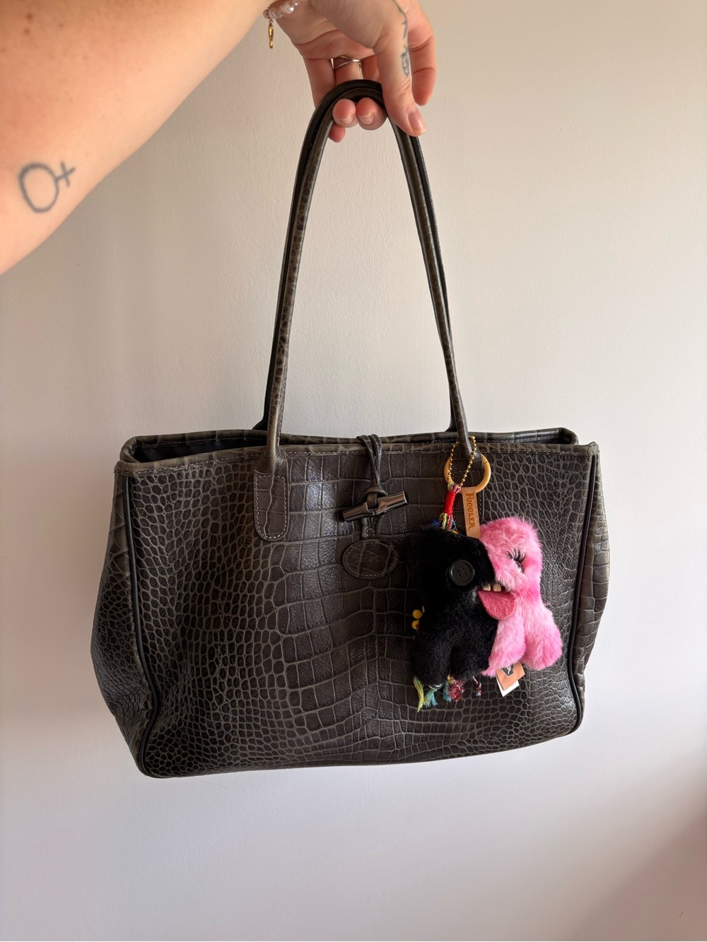 Longchamp Dark Brown Croc-Embossed Shoulder Tote!